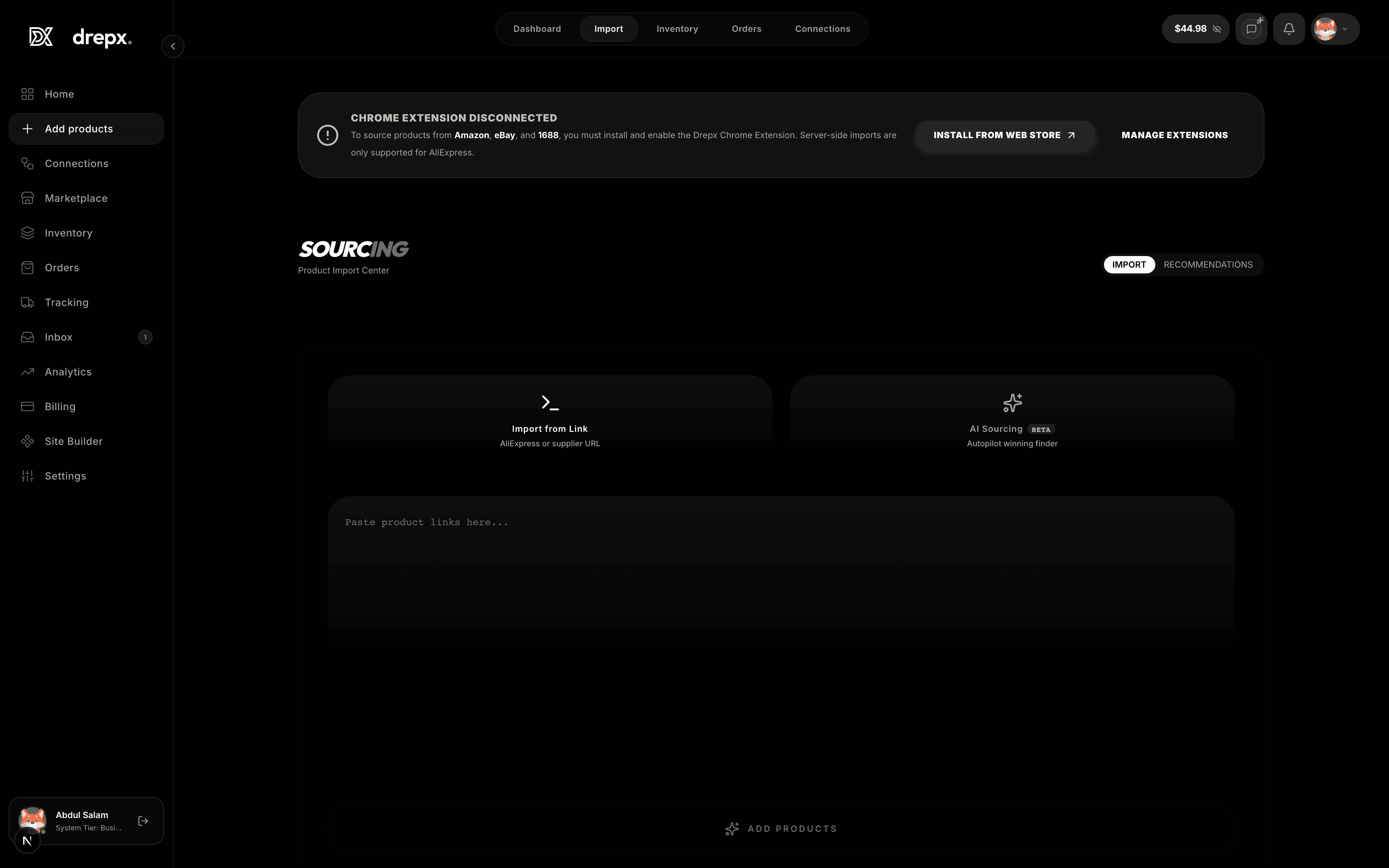 Interactive dashboard demo showcasing active dropshipping margins and listings.