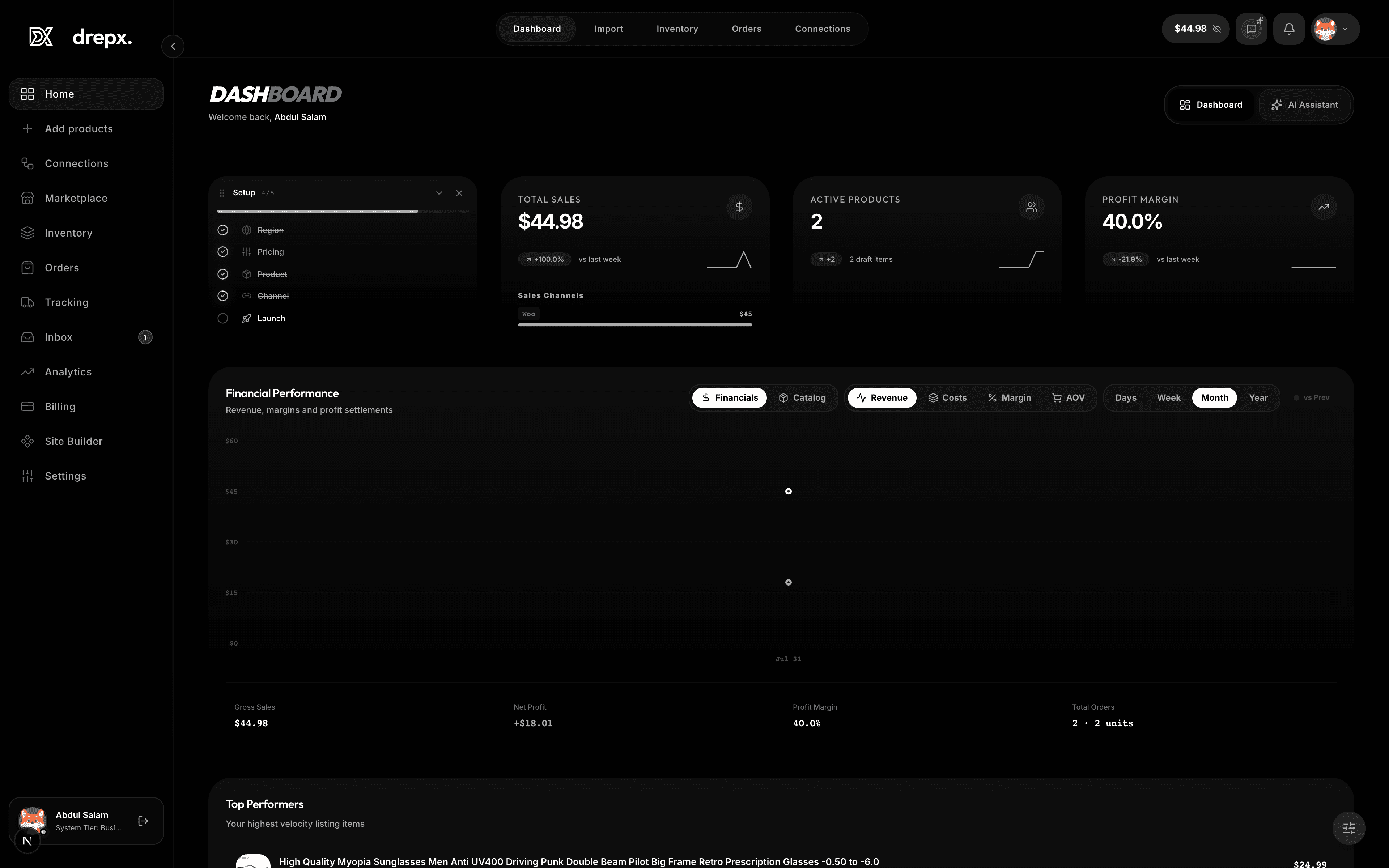 High-fidelity interface presentation showcasing the core Venduna dropshipping operations dashboard with real-time analytics, product listings, and automation feeds.
