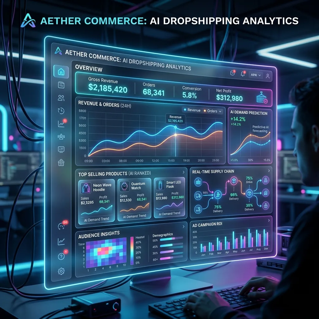 AI Dropshipping Dashboard displaying predictive analytics, automated sourcing, and algorithmic pricing trends for 2026