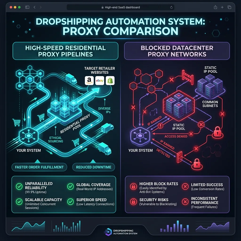 Comparative infographic of e-commerce automation systems, illustrating premium secure synchronization pipelines and clean listing scaling tables