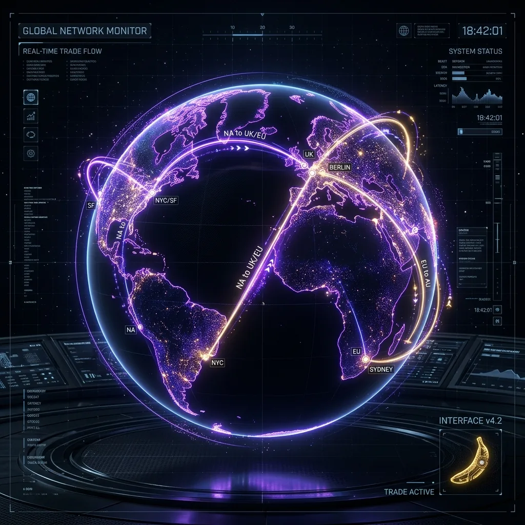 Global holographic network map displaying dynamic localized trade flows, shipping routes, and regional distribution nodes