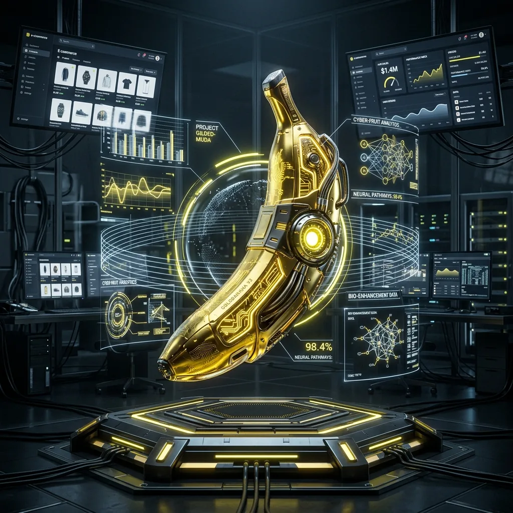 Futuristic golden cybernetic banana representing high-tech micro-logistics, surrounded by holographic data screens and e-commerce charts