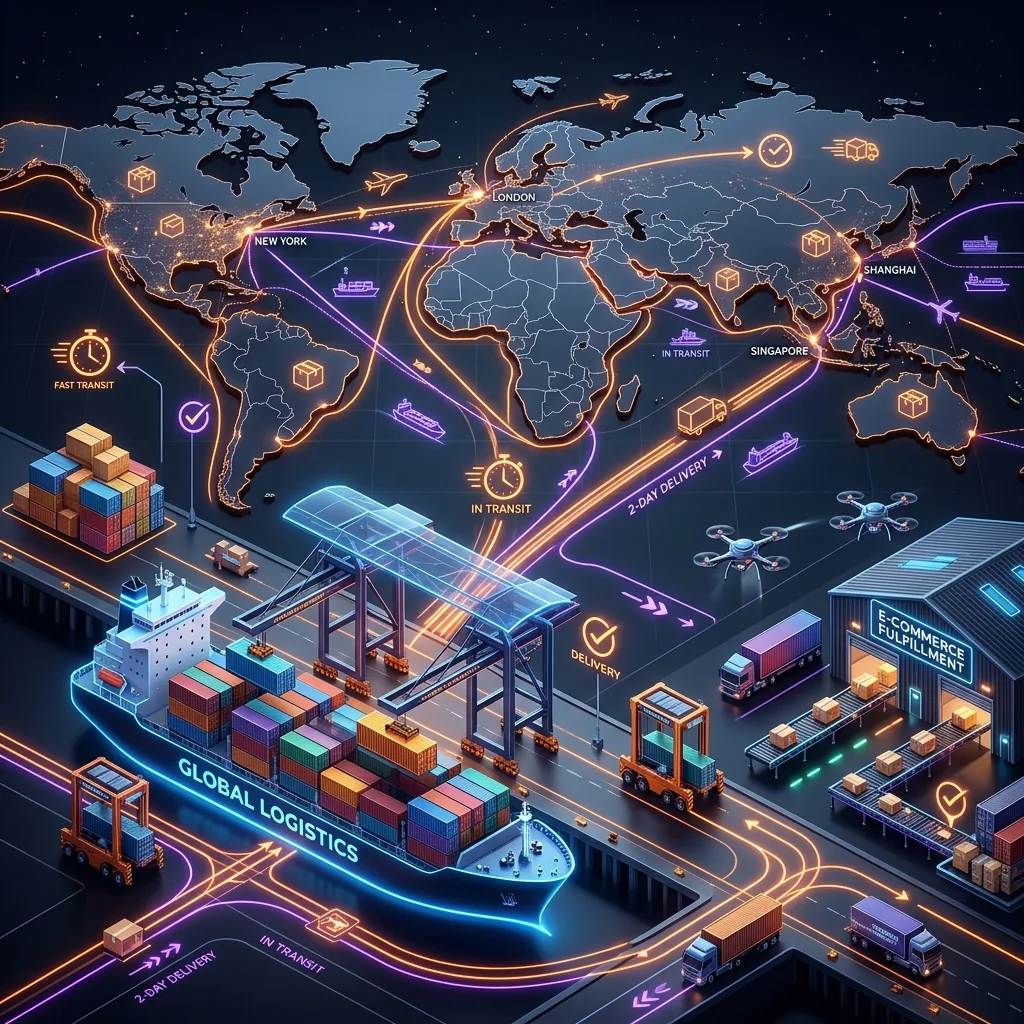 Dynamic logistics mapping showing shipping containers, package scanner icons, and high-velocity transit routes for domestic warehouse shipping